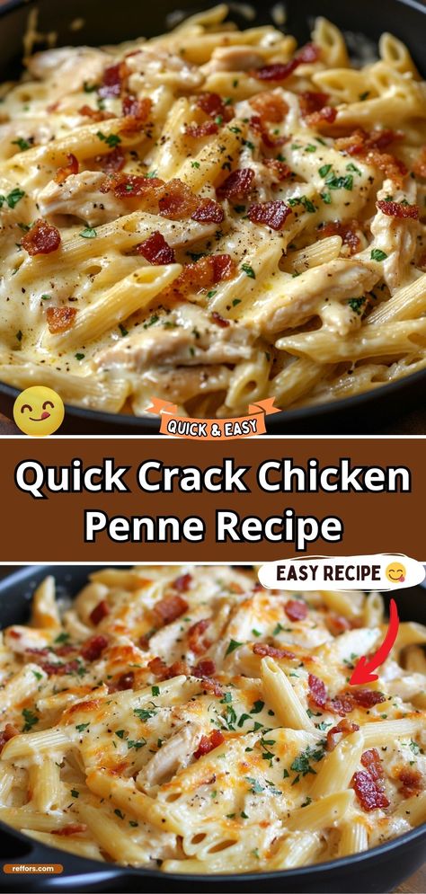 Get ready for a flavor explosion with Quick Crack Chicken Penne, featuring creamy chicken, cheese, and bacon mixed with penne pasta. It’s a decadent, satisfying dish that’s sure to become a weeknight favorite. #CrackChickenPenne #QuickMeals #PastaDinner Cracked Chicken Penne, Simple Sunday Dinner Ideas, Easy Food Recipes For Dinner Quick Simple, What’s For Dinner, Easy Sunday Dinner Ideas, Chicken Penne Recipes, Family Casseroles, Sunday Dinner Ideas, Chicken Penne Pasta