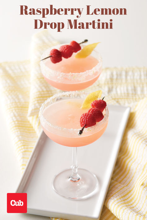 Two Raspberry Lemon Drop Martinis garnished with berries on a white tray. Raspberry Lemon Drop Martini, Raspberry Lemon Drop, Lemon Drops, Lemon Drop Martini, Fresh Raspberries, Drinks Alcohol, Martini Recipes, Lemon Raspberry, Lemon Peel