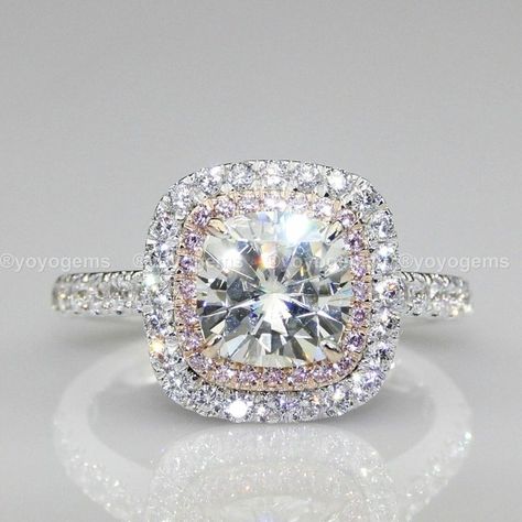 Moissanite Halo Engagement Ring Solid 14K White Gold😀 Double Halo Cushion Engagement Ring, Matching Wedding Ring Sets, Cushion Cut Wedding Rings, Big Wedding Rings, Big Engagement Rings, Fine Engagement Rings, Halo Style Engagement Rings, Matching Wedding Rings, Cool Wedding Rings