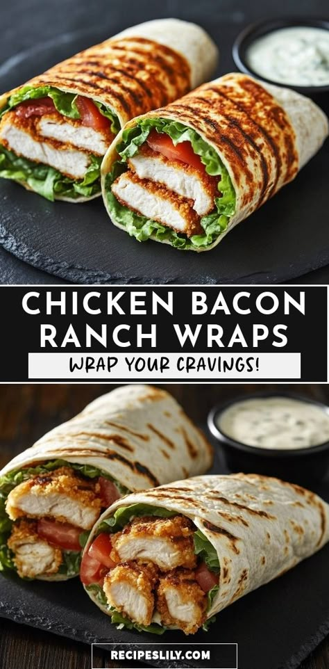 I just made these amazing Chicken Bacon Ranch Wraps! Packed with crispy chicken, fresh lettuce, and juicy tomatoes, they’re a perfect blend of flavors wrapped in a warm tortilla. Dip them in ranch for an extra burst of flavor. You have to try this recipe for your next meal! Healthy Chicken Bacon Ranch Wraps, Crispy Chicken Bacon Ranch Wrap, Chicken Bacon Wraps Tortilla, Chicken Bacon Ranch Pita, Chicken And Bacon Wraps, Chicken Tender Wraps, Wrap Meal Prep, Fried Chicken Wraps, Chicken Bacon Wrap