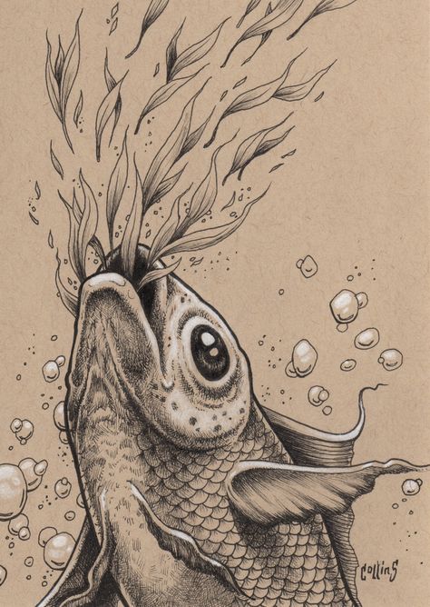 Beautiful Ink Drawings, Pen Ink Illustrations, Koi Fish Ink Drawing, Ocean Ink Drawing, Koi Fish Pen Drawing, Koi Art Drawing, Fish Pen Drawing, Realistic Fish Drawing, Sea Life Sketches