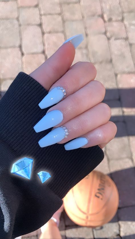 White Blue Nails Acrylic, Sky Blue Coffin Acrylics, Light Blue Nails Acrylic Coffin, Light Blue Nails With Diamonds, Sky Blue Acrylic Nails Coffin, Blue Acrylic Nails With Gems, Light Blue Nails With Gems, Blue Nails Gems, Sky Blue Nails Coffin