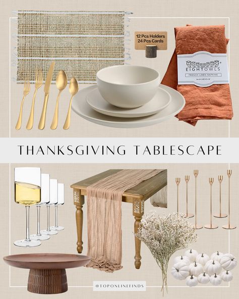 Amazon Thanksgiving Table, Square Wine Glasses, Thanksgiving Table Setup, Gold Candlestick Holders, Wood Place Card Holders, Thanksgiving Party Decor, Wicker Placemats, Gold Silverware, Fake Pumpkins