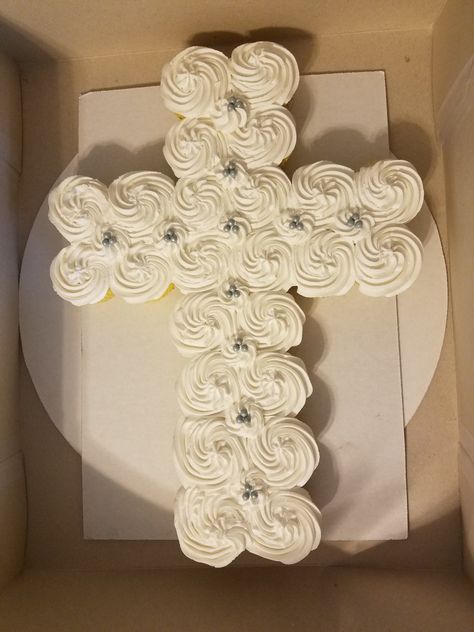 Cross cupcake cake  communion,  confirmation,  baptism Cross Food Ideas, Cross Cupcake Cake Confirmation, Confirmation Luncheon Ideas, 1st Communion Brunch Ideas, Cross Cupcake Cake First Communion, Confirmation Brunch Ideas, First Communion Cupcake Cake, Confirmation Cupcakes Ideas, Cross Cupcake Cake Baptisms