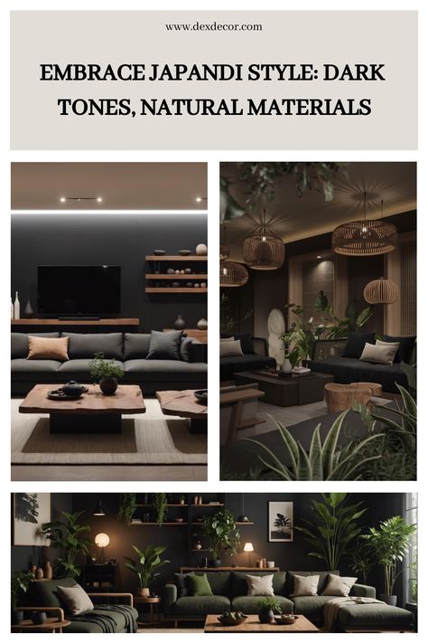 Living room with dark-toned furniture, wooden accents, and abundant plants. Dark Japandi Living Room, Japandi Mood Board, Dark Scandinavian Interior, Dark Japandi, Dark And Cozy, Dark Walls Living Room, Japandi Furniture, Ensuite Bathroom Designs, Modern Bedroom Colors