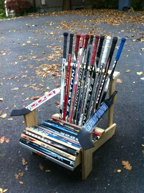 Hockey ~ Adirondack Chair Old Hockey Stick Ideas, Hockey Stick Furniture, Hockey Stick Crafts, Backyard Rink, Hockey Diy, Stick Chair, Hockey Crafts, Hockey Bedroom, Wood Chair Diy