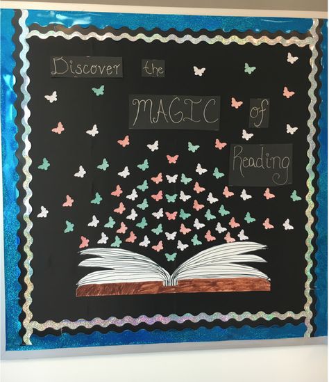 Discover The Magic Of Reading, English Language Arts Bulletin Boards, Magic Themed Bulletin Boards, Reading Is Magical Bulletin Board, Magic Theme Classroom, Magic Words For Kids Classroom, Magic Words Classroom Decoration, Middle School Reading Classroom, Language Arts Bulletin Boards