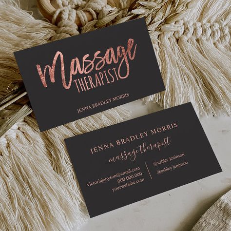 $27.40 | Modern massage therapist script rose gold foil #modern, massage therapist, rose gold foil, gray, chic, script, calligraphy, girly trend, luxury, spa Massage Business Cards Ideas, Massage Room Colors, Massage Business Cards, Massage Therapy Business Cards, Gold Foil Business Card, Mobile Massage Therapist, Massage Therapy Quotes, Therapy Rooms, Spa Business Cards