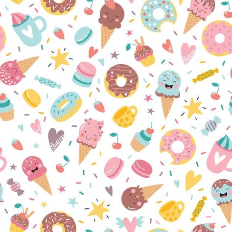 Cute hand drawn ice cream donuts cupcake... | Premium Vector #Freepik #vector #food #birthday #heart #bakery Cute Ice Cream Wallpaper, Donut Background, Draw Ice Cream, Ice Cream Background, Ice Cream Wallpaper, Candy Background, Candy Drawing, Candy Theme Birthday Party, Valentines Wallpaper Iphone