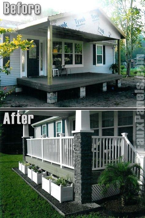 Manufactured Home Porch Ideas, Manufactured Home Decorating, Manufactured Home Porch, Mobile Home Exteriors, Mobile Home Renovations, Manufactured Home Remodel, Porch Remodel, Building A Porch, Mobile Home Living