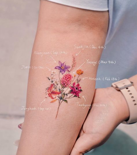 Matching 4 Tattoos, Rm Wild Flower Tattoo Ideas, Love Tattoos For Women Words, Smeraldo Flower Tattoo, Bts Flower Tattoo, Yoongi Inspired Tattoo, Bts Related Tattoos, Yoongi Flower, Bts Tattoo Minimalist