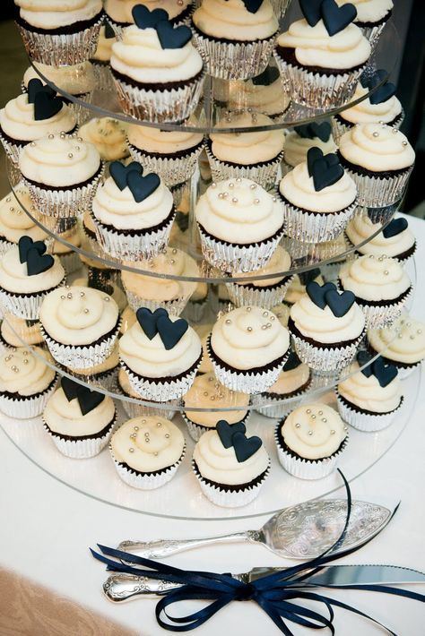 navy cupcake towers | Navy Heart Cupcake Tower | The Party Cake by Andrea Navy Cupcakes, Cupcake Tower Wedding, Cake Tower, Heart Cupcakes, Cupcake Display, Wedding Cake Rustic, Rustic Wedding Cake, Cupcake Tower, Wedding Dessert