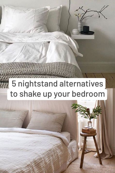 Bed Without Nightstand Ideas, Night Stand On One Side Of Bed, Bed With No Nightstand, Alternative To Bedside Table, Nightstand On One Side Of Bed, Mismatched Bedside Table Ideas, Bed Without Nightstand, Alternative To Nightstand, End Tables Bedroom Nightstand Ideas