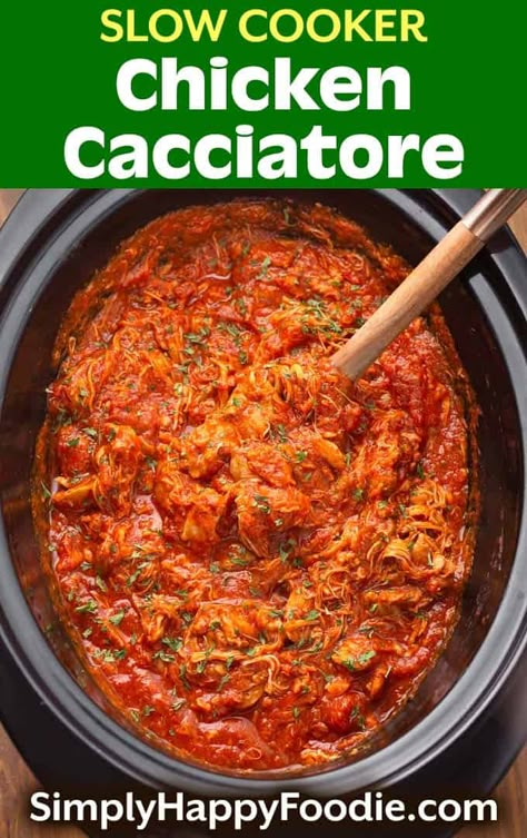 Slow Cooker Chicken Cacciatore is a simple and flavorful dump and go recipe that you can make without pre-cooking any of the ingredients. This is an easy crock pot chicken cacciatore recipe that tastes delicious! simplyhappyfoodie.com Chicken Catchatori Crockpot Slow Cooker Easy Recipes, Crock Pot Chicken Marinara, Easy Chicken Cacciatore Recipe Crockpot, Chicken Cacciatore Crock Pot Slow Cooker, Slow Cooker Chicken Cacciatore Recipe, Crockpot Chicken Cacciatore Slow Cooker, Chicken Catchatori Recipe Slow Cooker, Chicken Cattitore Recipes Crockpot, Chicken Cacciatore Crock Pot