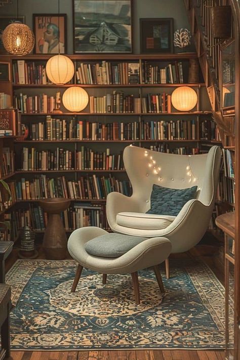 Vintage Book Nook, Moody Library Room, Moody Home Library, Cozy Hobby Room, Small Home Libraries, Dream Home Library, Cozy Reading Corner, Moody Home, Library Study Room