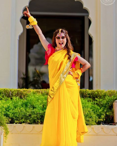 Haldi is the most colorful ceremony at an Indian wedding #spyne #weddingphotography #haldi #haldiceremony #haldiphotography #haldibride #bride #indianbride #indianbridalfashion #bridaldreses #bridaldress #indianweddingphotography Haldi Poses For Bride, Haldi Poses, Haldi Photoshoot, Saree Inspiration, Haldi Ceremony Outfit, Bride Photos Poses, Indian Wedding Photography Couples, Bridal Photography Poses, Indian Bridal Photos