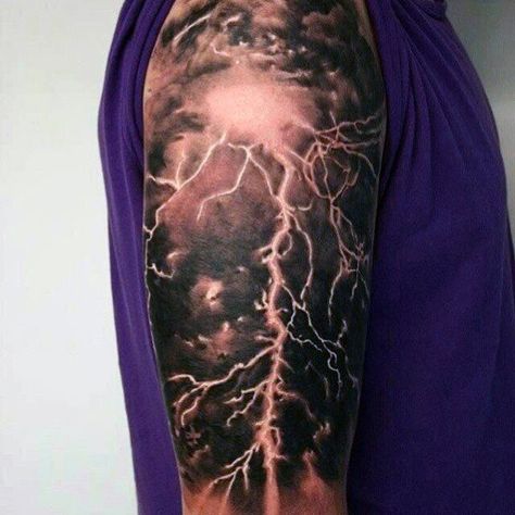 Thunderstorm Half Sleeve Realistic Tattoos Men Rose Tattoo Black, Blitz Tattoo, Cloud Tattoo Design, Storm Tattoo, Lightning Tattoo, Cool Arm Tattoos, Cloud Tattoo, Half Sleeve Tattoos For Guys, Best Sleeve Tattoos