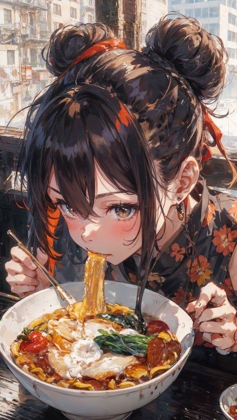 Noodle Art, Eating Noodles, Cute Drawlings, Chinese Drawings, Girl Eating, Anime High School, Anime Stories, Cute Food Drawings, Girly Art Illustrations