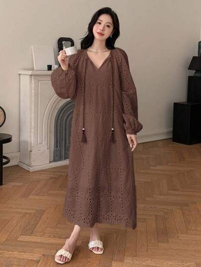 Plain Tunic, Eyelet Embroidery, Coffee Brown, Embroidery Dress, Lantern Sleeve, Long Dresses, Tie Neck, Lantern Sleeves, Dress P