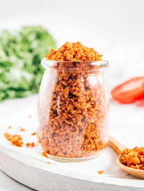 Vegan Bacon Bits (5 Minute Recipe!) | Live Eat Learn Vegan Bacon Jam, Vegan Carrot Bacon, Tvp Bacon Bits, Vegan Tofu Bacon, Coconut Bacon Vegan, Bacon Bits Recipes, Tvp Recipes, Vegan Bacon Bits, 5 Minute Meals