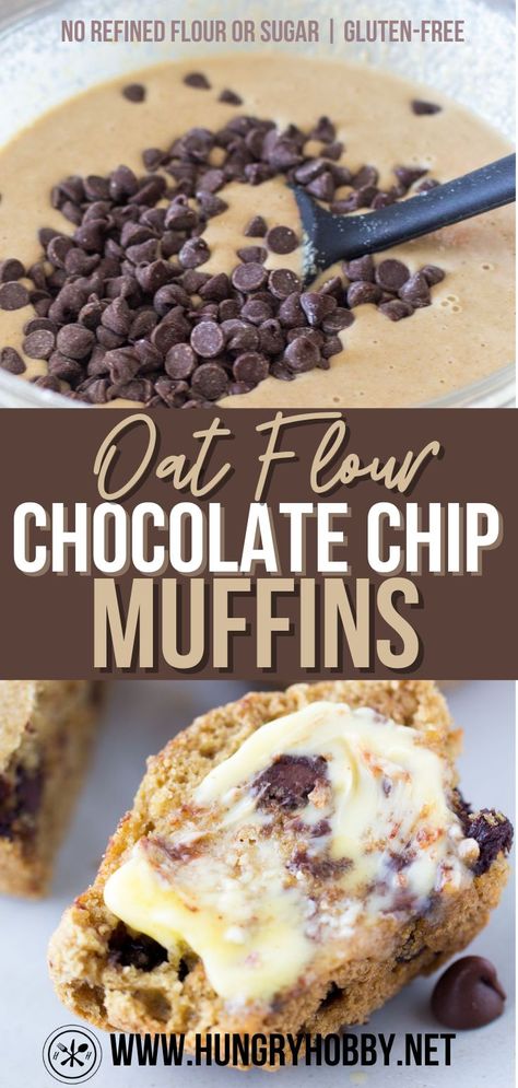 These oat flour chocolate chip muffins are made without any refined flour or sugar, for a healthier option packed with plenty of chocolate! #oatflour #muffins #healthymuffins #chocolatechipmuffins… More Oat Muffins Healthy, Gluten Free Chocolate Chip Muffins, Healthy Chocolate Chip Muffins, Health Dessert Recipes, Oatmeal Chocolate Chip Muffins, Choc Chip Muffins, Oat Flour Recipes, Chocolate Chip Muffin Recipe, Chocolate Chip Bread