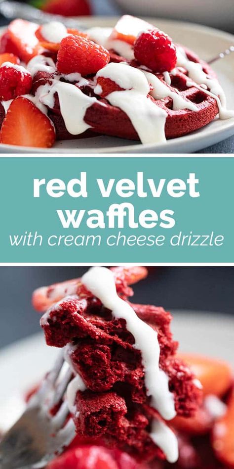 Call it breakfast, or call it dessert - these Red Velvet Waffles with strawberries, raspberries, and a cream cheese drizzle will make your tastebuds happy! Cream Cheese Waffle Topping, Raspberry Waffles Recipe, Waffles With Cream Cheese, Waffles With Strawberries, Cream Cheese Drizzle, Gooey Desserts, Icing Drizzle, Red Velvet Waffles, Holiday Entertaining Food