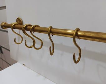 Brass Rod Kitchen, Hanging Spice Rack, Kitchen Utensil Rack, Tack Rooms, Copper Kitchen Utensils, Brass Shelves, Rustic Ceiling, Brass Hooks, Brass Bar