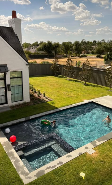 Small Side Yard Pool Ideas, Pool Ideas Inground Rectangle, Pool In Large Backyard, Small Pool Sloped Backyard, Pool On Side Of House Backyards, Small Rectangle Pools For Small Yards, Narrow Pool Side Of House, Inground Pool Ideas Backyards, Small Rectangle Pool