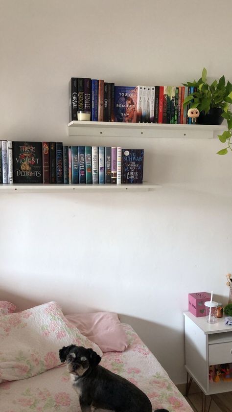 Floating Shelves Aesthetic Bedroom, Book Shelf Ideas Bedroom Aesthetic, Book Shelf Ideas For Small Room, Book Shelf Above Bed, Small Book Shelf Aesthetic, Small Book Shelf Ideas, Book Shelf Ideas Bedroom Small Spaces, Bookshelf Above Bed, Cute Book Shelf