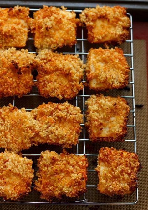 Quinoa Crusted Tofu Nuggets (Tofu Chicken Nuggets!) #tofu Tofu Chicken Nuggets, Crusted Tofu, Tofu Nuggets, Tofu Chicken, Nuggets Recipe, Tofu Dishes, Think Food, Tofu Recipes, Chicken Nuggets