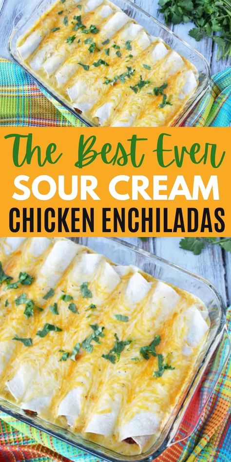 We have the easiest Sour Cream Chicken Enchiladas Recipe packed with chicken, cheese and sour cream sauce. These are the best Sour Cream Chicken Enchiladas. Your entire family will love this easy creamy chicken enchilada recipe that is simple to make at home. #eatingonadime #chickenrecipes #enchiladarecipes #mexicanrecipes #easydinners White Chicken Enchiladas With Cream Cheese, Dinner Ideas With Sour Cream, Easy Chicken Enchiladas Recipe, Chicken Enchilada Sides, Cream Cheese Enchilada Sauce, Chicken Enchiladas With Cream Cheese, Quick And Easy Chicken Enchiladas, Cream Of Chicken Enchiladas, Creamy Chicken Enchiladas Crockpot