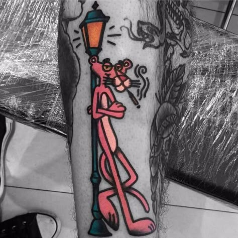 Pink Panther tattoo by Ozzy Ostby. #OzzyOstby #traditionalamerican #trads #traditional #pinkpanther Pink Panther Tattoo, Panther Tattoo Design, Panther Tattoo, Old School Tattoo Designs, Tatuaje A Color, New School Tattoo, Traditional Tattoo Flash, Tattoo Illustration, Cartoon Tattoos