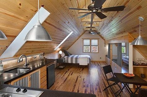 tiny-attic-studio-apartment-interior Attic Studio Apartment, Barn Loft Apartment, Above Garage Apartment, Garage Attic, Barn Apartment, Barn Loft, Finished Attic, Kitchen Apartment, Garage Loft