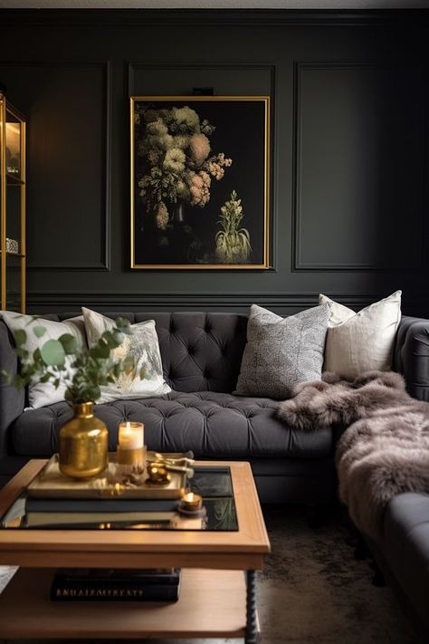 Cozy Lighting Ideas, Moody Living Room Ideas, Dark Academia Living Room, Moody Interior Design, Dark Green Living Room, Moody Living Room, Cozy Lighting, Snug Room, New House Living Room