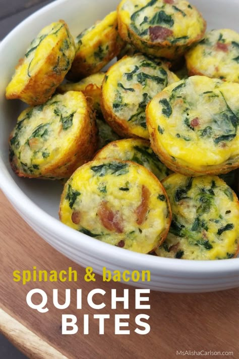 Spinach & Bacon Quiche Bites - Ms. Alisha Carlson Bacon Spinach Recipes, Quiche Bites Recipes, Mini Spinach Quiche, Quiche Appetizers, Crustless Quiche Muffins, Spinach Egg Bites, Spinach Bacon Quiche, Quiche Bites, Bacon Spinach Quiche