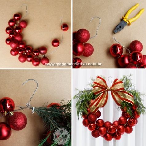 Use a Hanger & Christmas Balls to make a Wreath Christmas Gadgets, Diy Christmas Ball, Xmas Balls, Crochet Christmas Wreath, Make A Wreath, Christmas Wreaths Diy Easy, Diy Christmas Wreaths, Christmas Balls Decorations, Christmas Ornament Wreath