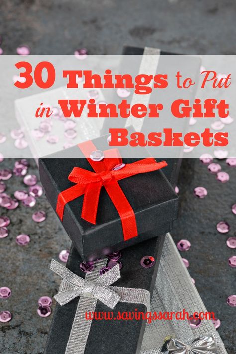 Winter ushers in chilly, short days. Throw in the lots of the white stuff; not so much in some places. What a fun time give someone a Winter Gift Basket to put some sun and warmth in the day!  Check out these 30 Things to Put in your Winter Gift Baskets. Winter Gift Basket, Usher Gifts, Gifts Baskets, Baskets Ideas, Raffle Basket, Raffle Baskets, Themed Gift Baskets, Christmas Gift Baskets, Winter Gift