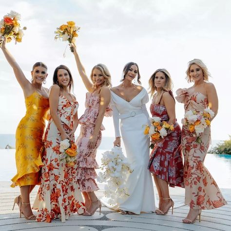 Junebug Weddings on Instagram: “If you want your bridesmaids to rock something unique, you won’t want to miss today’s roundup✨ Hit the link in our bio to shop our favorite…” Bridal Party Mismatched, Destination Wedding Bridal Party, Wedding Welcome Dinner, Orange Wedding Color Palette, Wedding In The Forest, Moh Dress, Printed Bridesmaid Dresses, We Are Getting Married, Gorgeous Bridesmaid Dresses