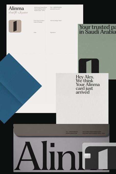 Alinma Bank branded stationery set featuring letterheads, envelopes, and welcome cards with minimalist typography and muted colors. Fintech Branding, Color Palette Bold, Welcome Cards, Communication Channels, Minimal Stationery, Modern Brand Identity, Minimal Layout, Welcome Card, Logo Placement