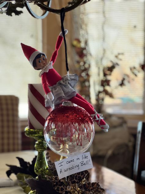 Wrecking ball. Yes, yes you did! Elf Wrecking Ball, Elf Foosball, Inappropriate Elf On The Shelf, Wrecking Ball, Elf On Shelf, On The Shelf, Elf On The Shelf, Christmas Fun, Elf