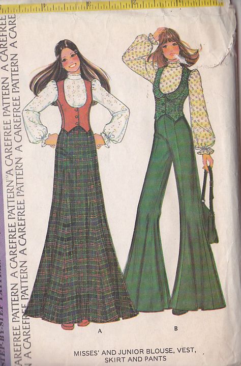 Pattern For Blouse, Skirt And Pants, Patron Vintage, Vest Skirt, 60s 70s Fashion, 60s And 70s Fashion, 70s Inspired Fashion, Skirt Blouse, 70s Outfits