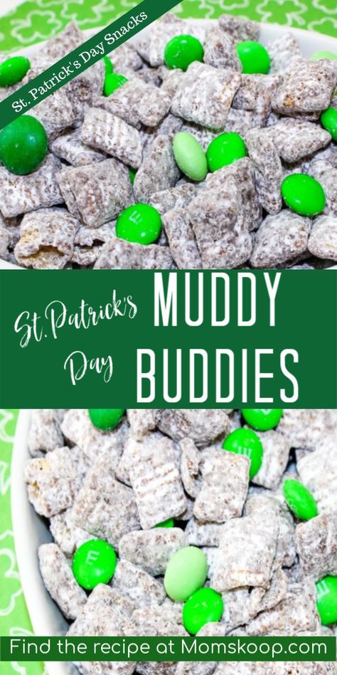 Mint Muddy Buddies, Andes Mint Recipes, St Patricks Food, Puppy Chow Chex Mix Recipe, Andes Mints, Chex Mix Puppy Chow, Mint Desserts, Muddy Buddies Recipe, Fete Saint Patrick