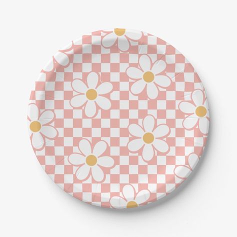 Retro checker print with Daisies Birthday party plates in pink Preppy Party Decorations, Daisies Birthday, Birthday Plates, Chic Birthday Party, Birthday Party Plates, Daisy Birthday, Birthday Paper Plates, Groovy Birthday, Daisy Party