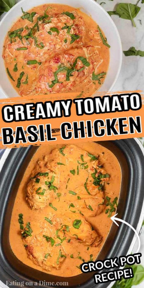 Slow cooker tomato basil chicken recipe is so creamy with the best tomato sauce. The crock pot makes it easy. Crock Pot Tomato Basil Chicken is great with rice or pasta. Everyone will go crazy over Slow Cooker Tomato Basil Chicken recipe. #eatingonadime #tomatobasilchicken #slowcooker #slowcookercreamy Crock Pot Basil Chicken, Crockpot Tomato Basil Chicken, Creamy Tomato Basil Chicken, Tomato Basil Chicken Pasta, Tomato Basil Chicken Recipe, Best Tomato Sauce, Basil Chicken Recipe, Chicken Basil Pasta, Balsamic Chicken Recipes