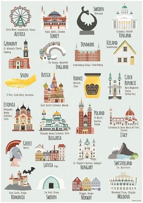 This is an A2 print of some of the the beautiful & interesting architecture & places you can visit in Europe taken from my A1 illustrated map of Europe. Places include - Florence, Moscow, Mousehole, The Matterhorn, Bergen & many more. The map is a digital print of original Bullet Journal Voyage, Europe Places, Map Of Europe, The Matterhorn, Interesting Architecture, Voyage Europe, Europe Map, Travel Illustration, Illustrated Map