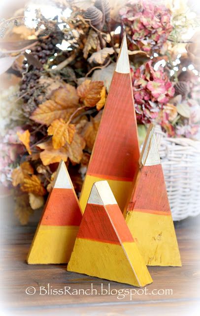 Or, do like my V-day "trees": cone out of scrapbook paper, cover in thirds with fringe-cut or scalloped paper in yellow, orange, and white! No painting required Wood Candy Corn, Stick Decorations, Ranch Landscape, Landscape Timbers, Crazy Houses, Wooden Items, Autumn Decoration, Adornos Halloween, Wooden Pumpkins