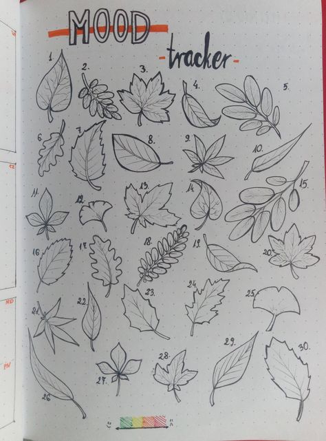 Bullet journal mood tracker based on leaves shapes. Colors are also from green to red - like falling leaves November Mood Tracker Ideas, Leaves Mood Tracker, Leaves Falling Drawing, Leaf Mood Tracker, November Bullet Journal Mood Tracker, Autumn Mood Tracker, Falling Leaves Drawing, Bullet Journal Leaves, Autumn Bullet Journal