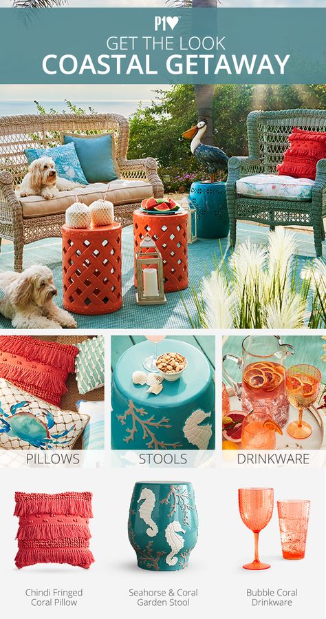 Even the dogs agree that this is the place to hang out. If you want to feel like you’re sitting seaside in your own backyard, it’s easy to get there. Pillows and cushions in coral colors set the tone. A multitasking garden stool can serve as a table, extra seating or a pelican perch. And refreshing drinks are a must! Turquoise Porch Decor, Coral Outdoor Decor, Beach House Deck Decor, Patio Color Schemes, Beach House Patio, Coastal Cottage Decorating, Coral Colors, Coral Pillows, Beach Patio