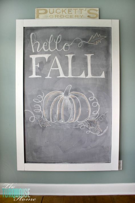 Hello Fall Chalkboard Art | TheTurquoiseHome.com Fall Chalkboard Art, Spring Chalkboard, Fall Chalkboard, Chalkboard Decor, Baby Poster, Chalkboard Designs, Diy Chalkboard, Diy Outdoor Decor, Fall Decoration