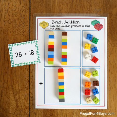 Teach addition with regrouping (carrying) with a hands-on LEGO math activity! Print the free activity pages and addition problem cards. Subtraction With Borrowing, Relationship Activities, Lego Math, Teaching Addition, Monster Craft, Kindergarden Activities, Duct Tape Crafts, Addition Worksheets, Math Challenge